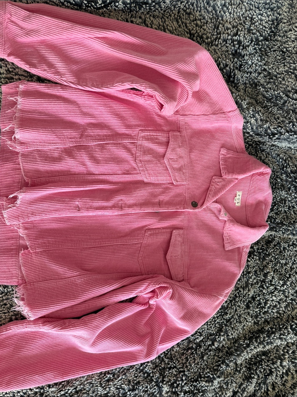 Pink Corduroy Button-Up Shirt Jacket. Raw hem
